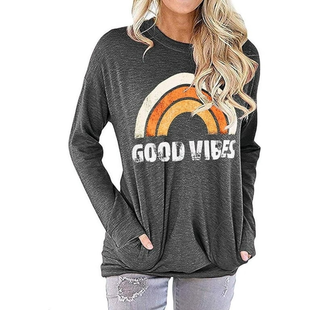 Hount Good Vibes Rainbow Long Sleeve Lightweight Sweater XL